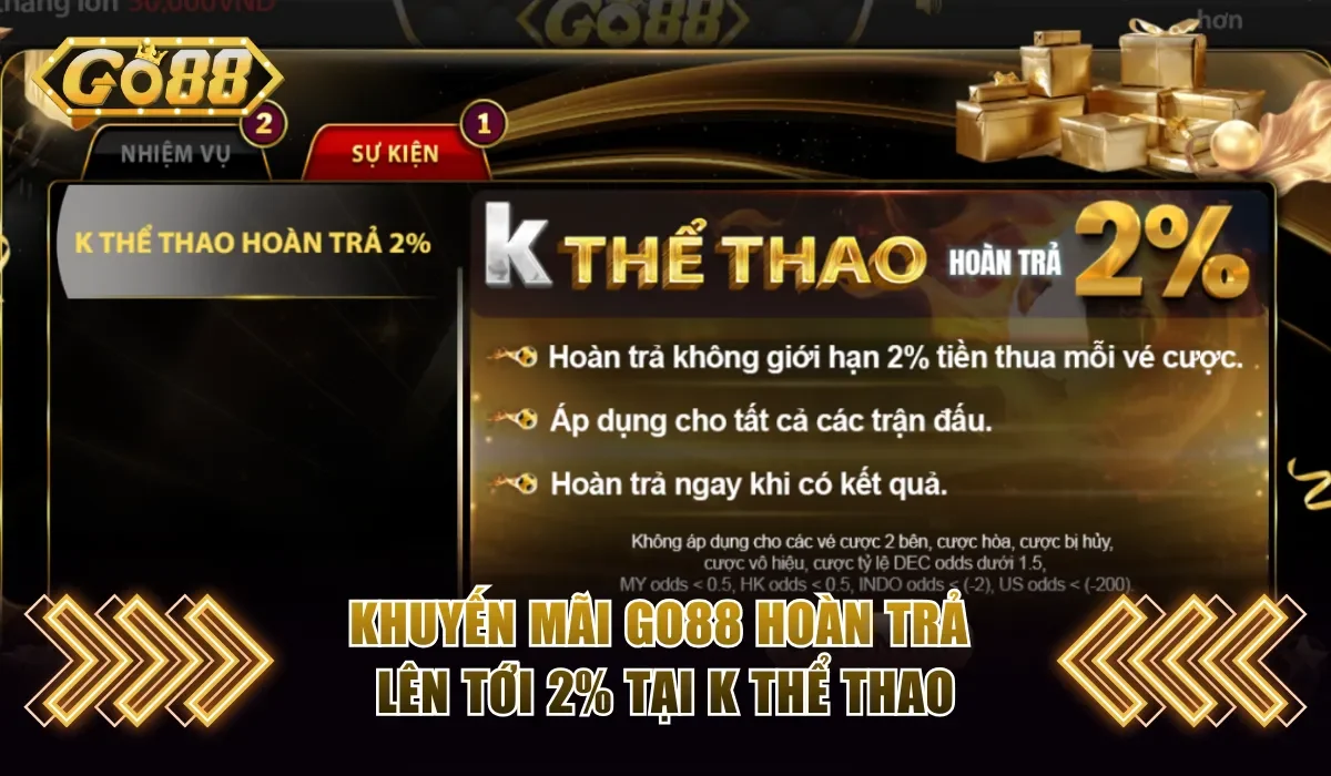 Khuyến Mãi Go88 Săn Quà Cực Khủng Dành Cho Người Mới 3 Khuyến mãi Go88 hoàn trả lên tới 2% tại K thể thao