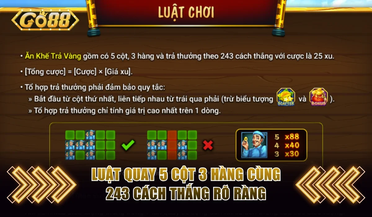 Ăn Khế Trả Vàng Go88 | Bí Ẩn Vòng Quay Thần Thoại May Mắn 3 Luật quay 5 cột 3 hàng cùng 243 cách thắng rõ ràng